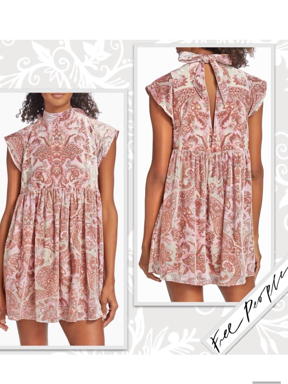 Free People M Pink All Time Velvet Floral Paisley Sleeveless Bow Mini Dress